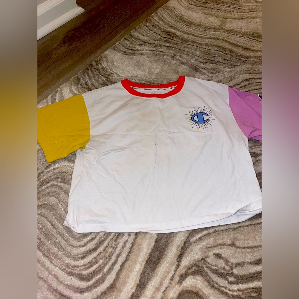 Champion white pink yellow crop top